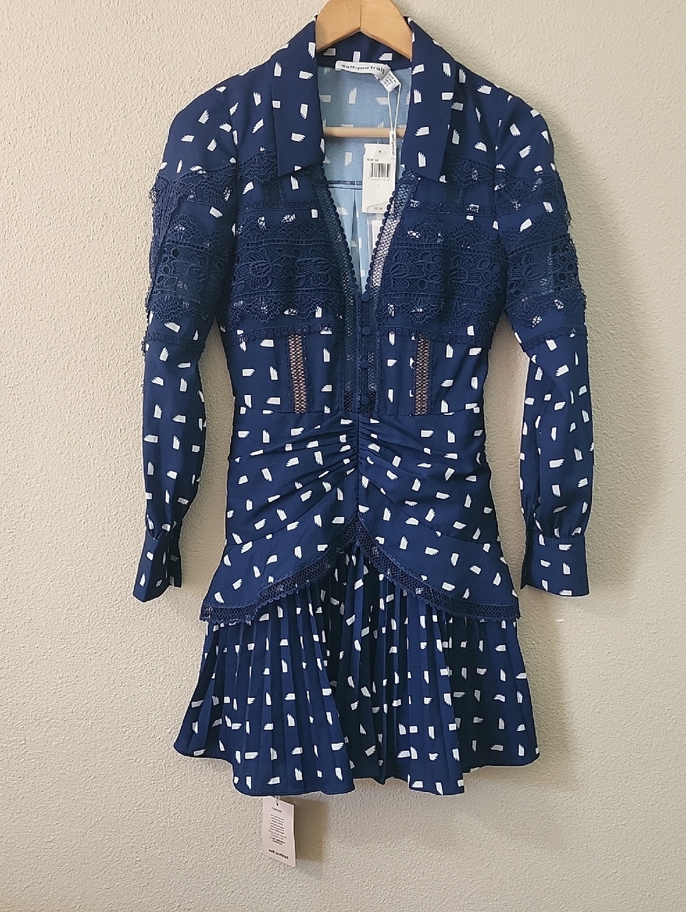 Self-Portrait Navy Blue Sail Print Lace Trim Mini Dress Size 2 NWT